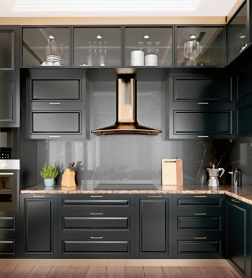 Modern interior design kitchen with black marble, black cabinets, dark gold trim and granite countertop, 3d render, 3d illustration Modern interior design kitchen with black marble, black cabinets, dark gold trim and granite countertop, 3d render, 3d illustration