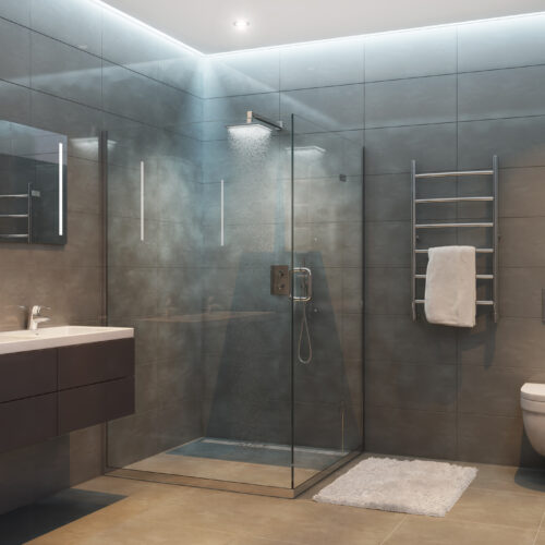 Gray modern shower room in the evening 3d render of Gray modern shower room in the evening